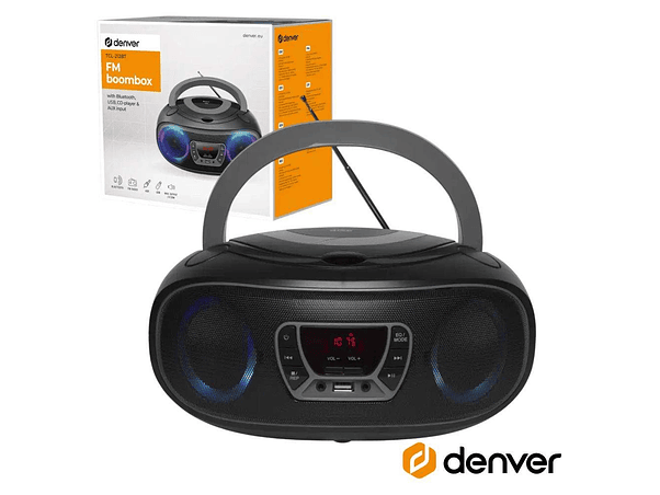 RÁDIO PORTÁTIL LEITOR FM/BT/CD/USB COLUNAS 2X2W LEDS DENVER 1