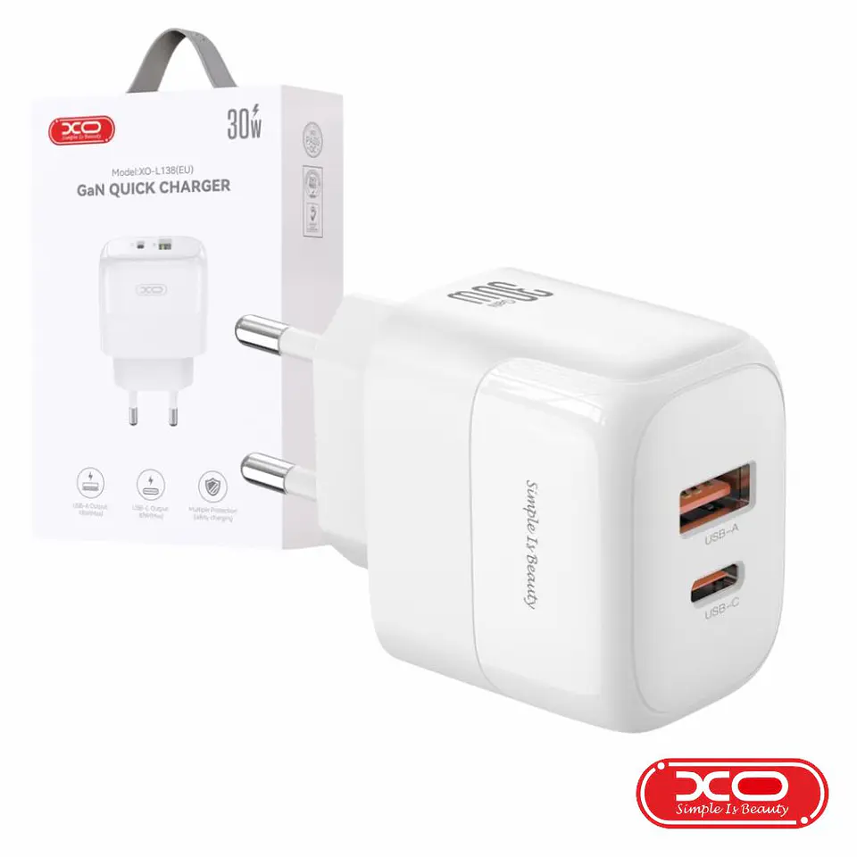 ALIMENTADOR USB-A 18W 2.4A / USB-C PD 30W GAN XO 1