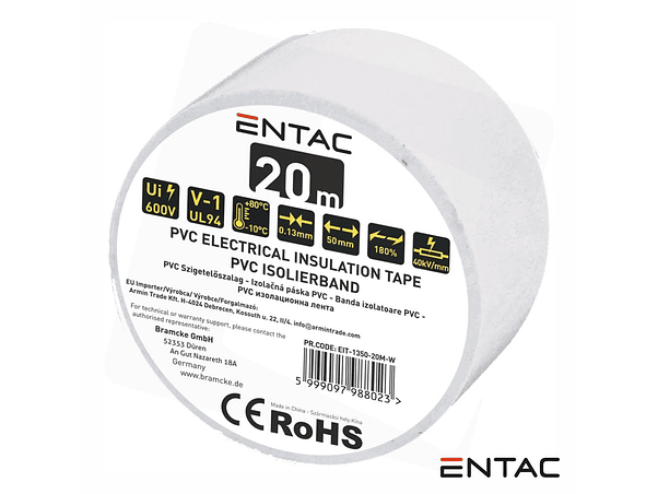 FITA ISOLADORA BRANCO 20M 0.13X50MM ENTAC 1