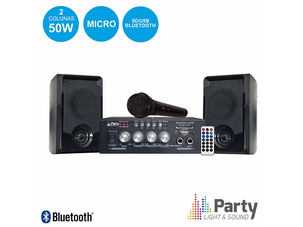 CONJUNTO KARAOKE AMPLIFICADOR 2X50W 2 COLUNAS MIC BT PARTY 1