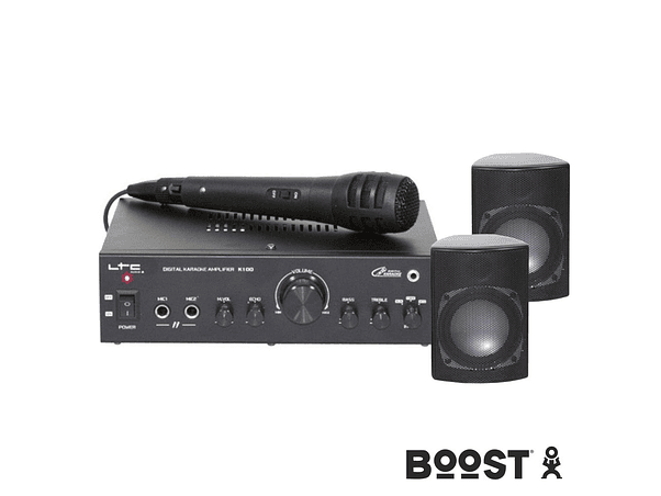 CONJUNTO KARAOKE AMPLIFICADOR 2X20W 2 COLUNAS MIC BOOST 1