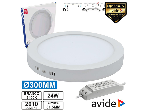 PAINEL LEDS REDONDO SUPERFÍCIE 24W 300MM 6400K 2010LM AVIDE 1