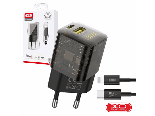 ALIMENTADOR USB-A QC3.0 18W / USB-C PD 30W 3A + CABO XO 1