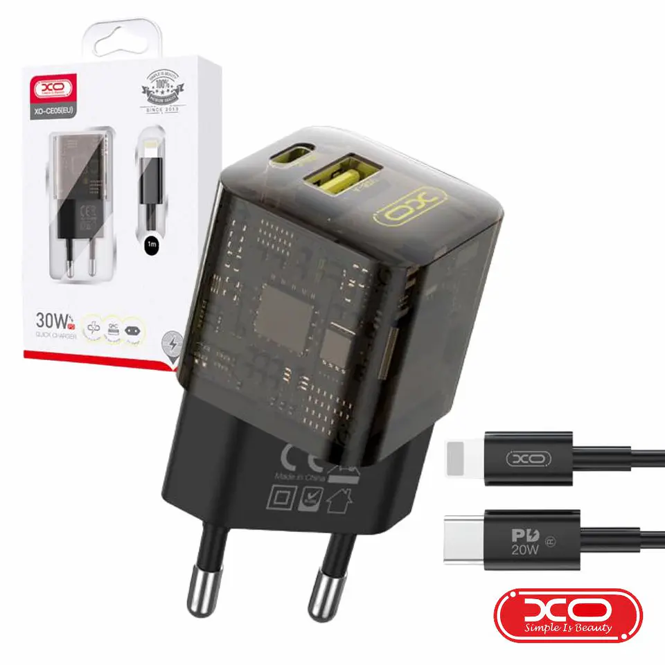 ALIMENTADOR USB-A QC3.0 18W / USB-C PD 30W 3A + CABO XO 1