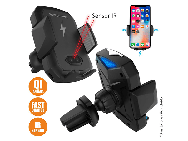 SUPORTE TELEMÓVEL COM CARREGADOR INDUÇÃO QI 10W E SENSOR IR 1