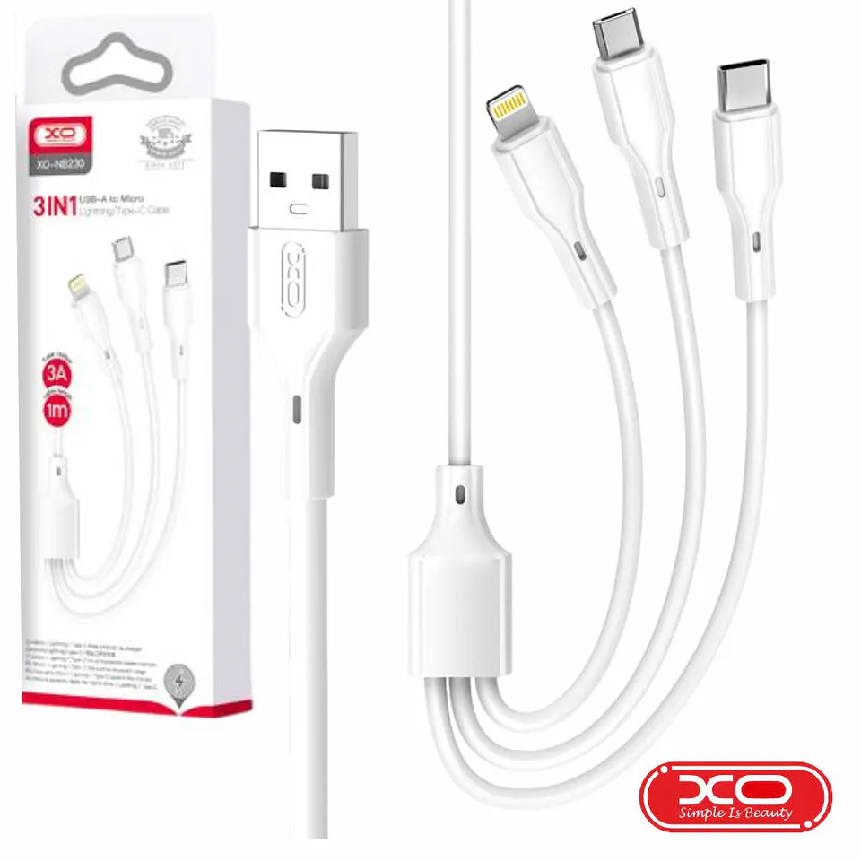 CABO USB-A MACHO PARA MICROUSB/ LIGHTNING/ USB-C 100W 1M XO 1