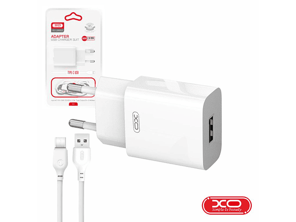 ALIMENTADOR USB-A 2.4A BRANCO + CABO USB-A PARA USB-C XO 1
