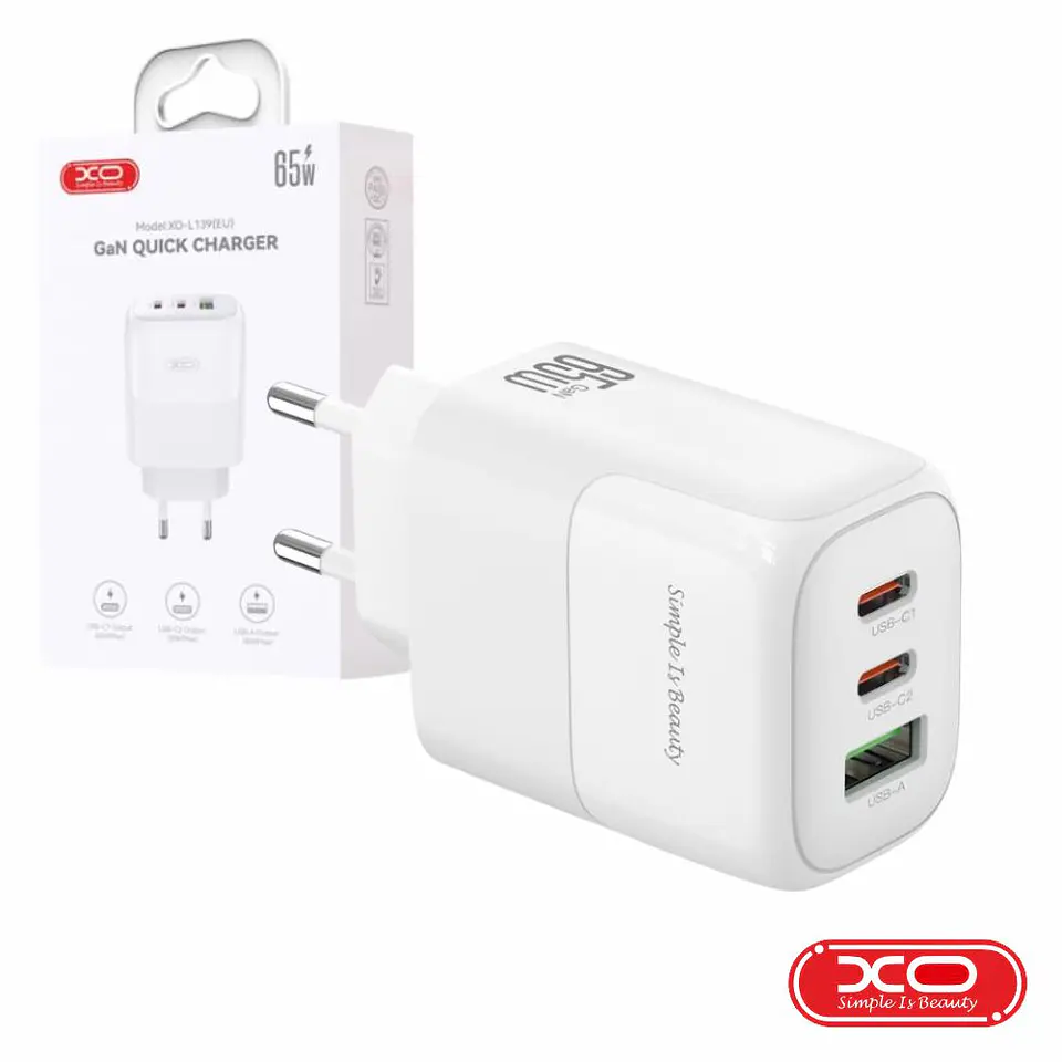 ALIMENTADOR USB-A / 2 USB-C PD 65W GAN XO 1