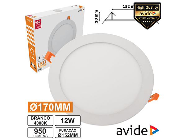 PAINEL LEDS REDONDO 12W 170MM 4000K 950LM AVIDE 1