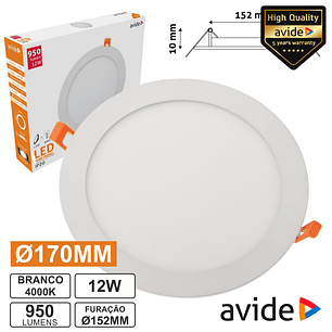 PAINEL LEDS REDONDO 12W 170MM 4000K 950LM AVIDE