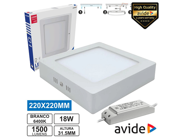PAINEL LEDS QUADRADO SUPERFÍCIE 18W 220MM 6400K 960LM AVIDE 1