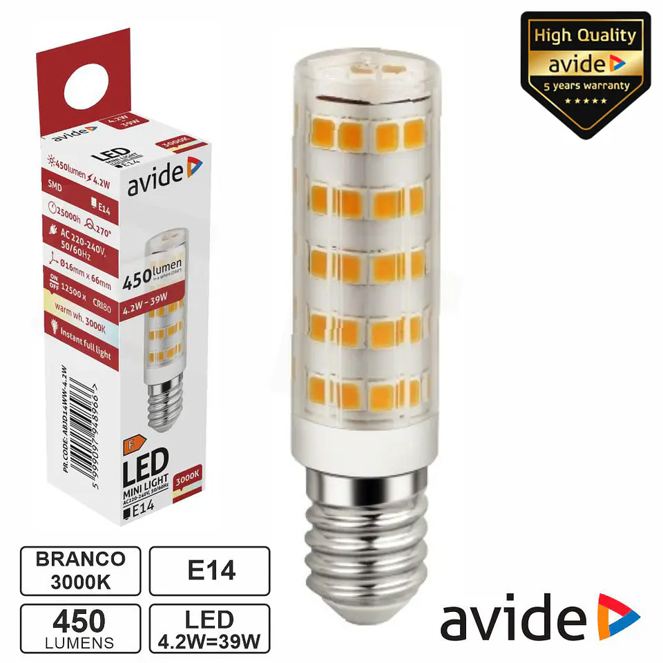 LÂMPADA LED E14 JD 4.2W 230V 3000K 450LM AVIDE 1