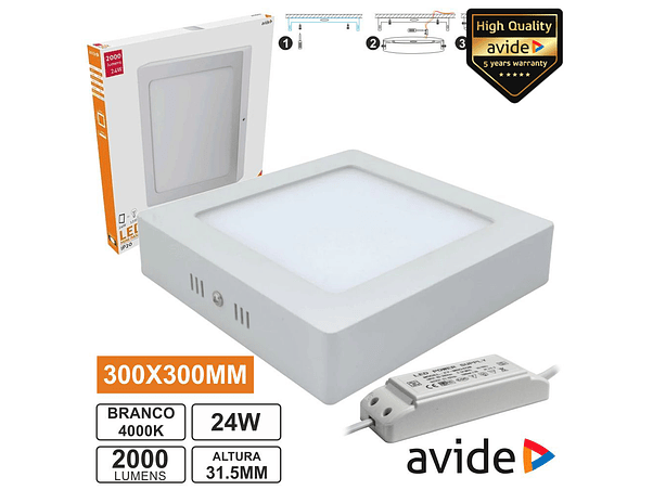 PAINEL LEDS QUADRADO SUPERFÍCIE 24W 300MM 4000K 2000LM AVIDE 1