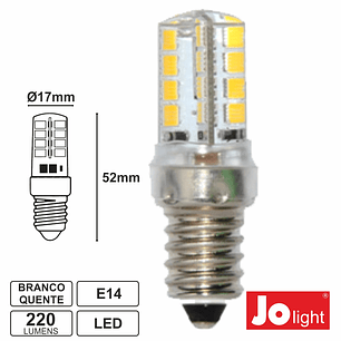 LÂMPADA E14 3W=25W 24V (20-30V) 32 LEDS BRANCO QUENTE 220 LM