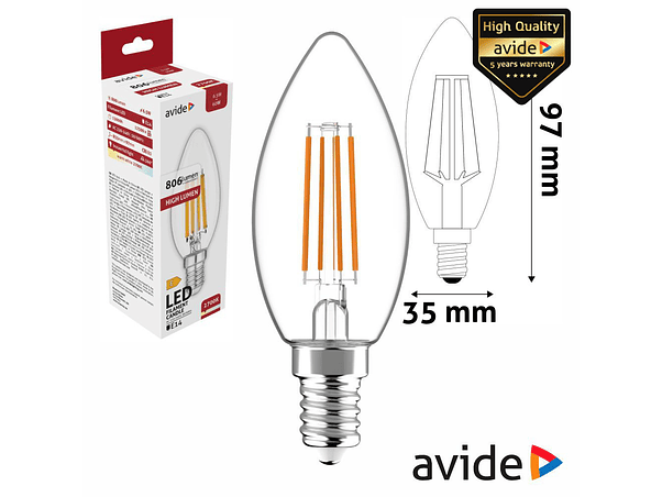 LÂMPADA LED E14 VELA FILAMENTO 6.5W 230V 3000K 806LM AVIDE 1