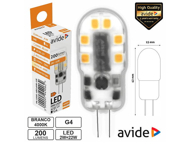 LÂMPADA LED G4 2W 12V 4000K 200LM AVIDE 1