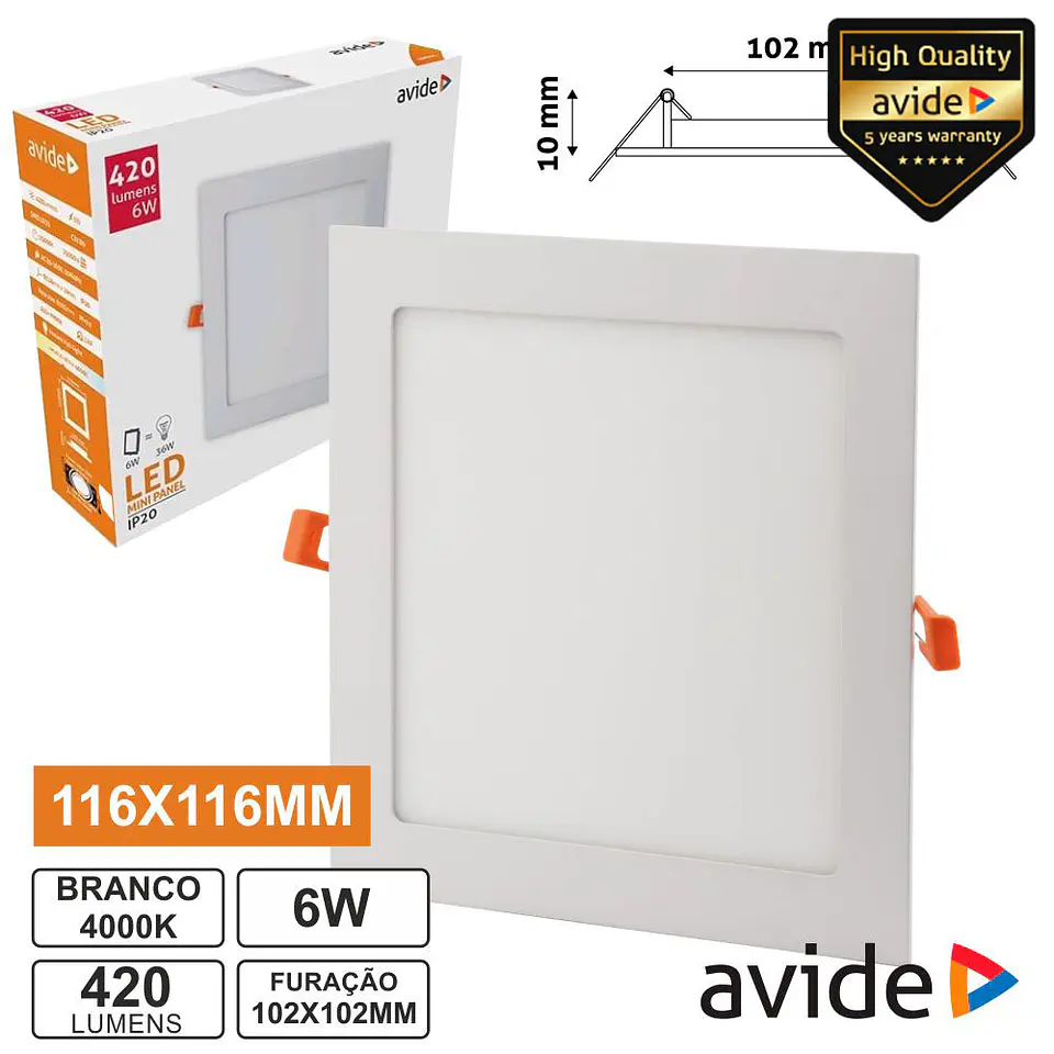 PAINEL LEDS QUADRADO 6W 116MM 4000K 420LM AVIDE 1