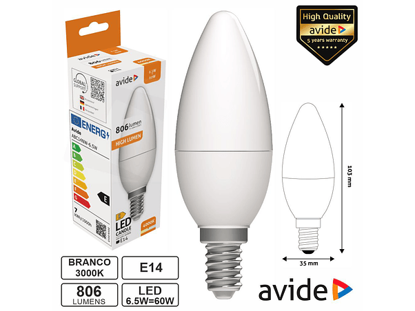 LÂMPADA LED E14 VELA 6.5W 230V 4000K 806LM AVIDE 1