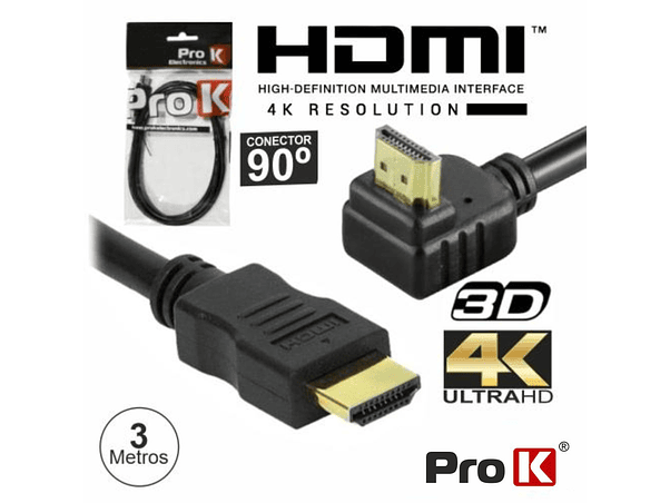 CABO HDMI DOURADO MACHO / MACHO 2.0 4K PRETO 3M 90º PROK 1