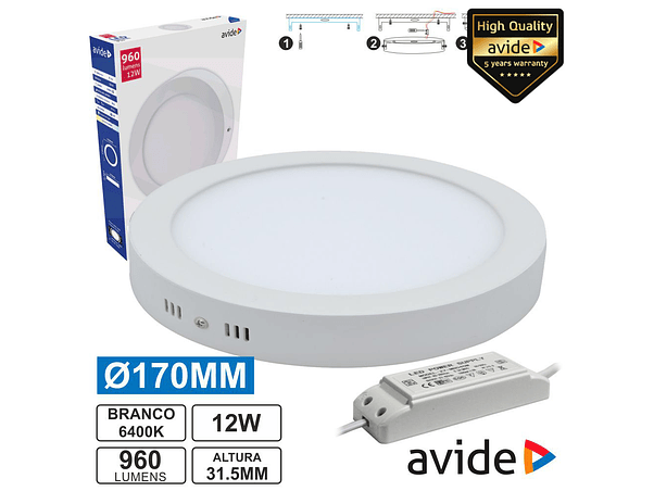 PAINEL LEDS REDONDO SUPERFÍCIE 12W 170MM 6400K 960LM AVIDE 1