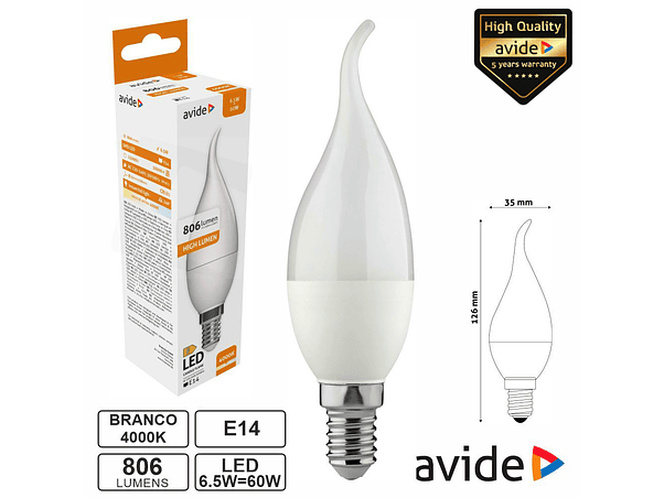 LÂMPADA LED E14 VELA 6.5W 230V 4000K 806LM AVIDE 1
