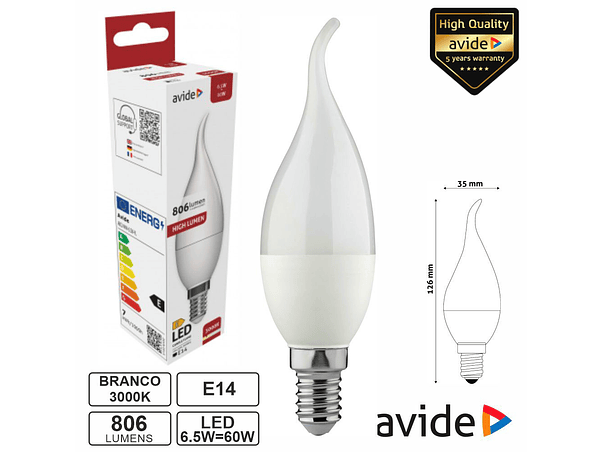 LÂMPADA LED E14 VELA 6.5W 230V 3000K 806LM AVIDE 1