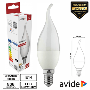 LÂMPADA LED E14 VELA 6.5W 230V 3000K 806LM AVIDE