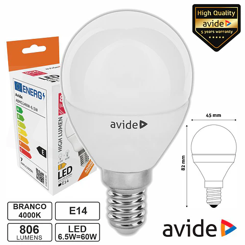 LÂMPADA LED E14 GLOBO G45 6.5W 230V 4000K 806LM AVIDE