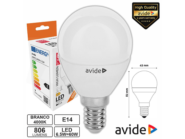 LÂMPADA LED E14 GLOBO G45 6.5W 230V 4000K 806LM AVIDE 1