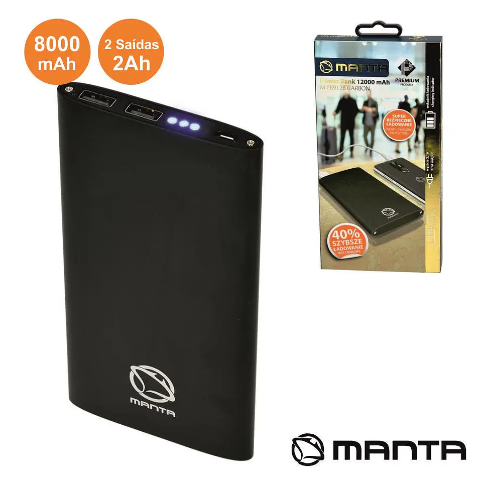 POWERBANK 8000MA COM FICHA MICRO USB PRETO MANTA 1