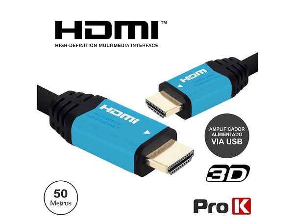 CABO HDMI DOURADO MACHO / MACHO COM AMPLIFICADOR 50M PROK 1