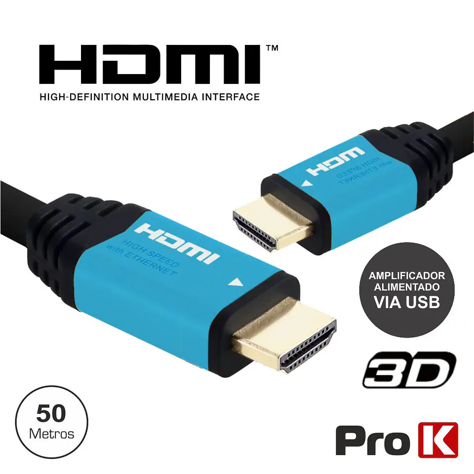 CABO HDMI DOURADO MACHO / MACHO COM AMPLIFICADOR 50M PROK 1