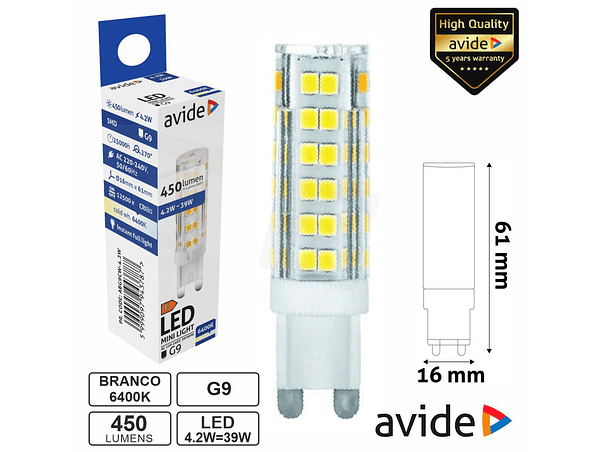 LÂMPADA LED G9 4.2W 230V 6400K 450LM AVIDE 1