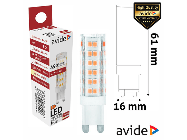 LÂMPADA LED G9 4.2W 230V 3000K 450LM AVIDE 1