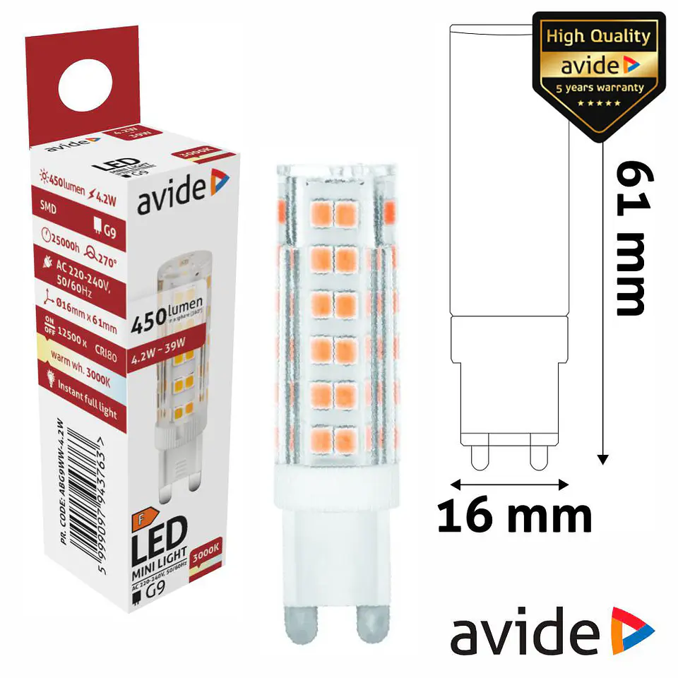 LÂMPADA LED G9 4.2W 230V 3000K 450LM AVIDE 1