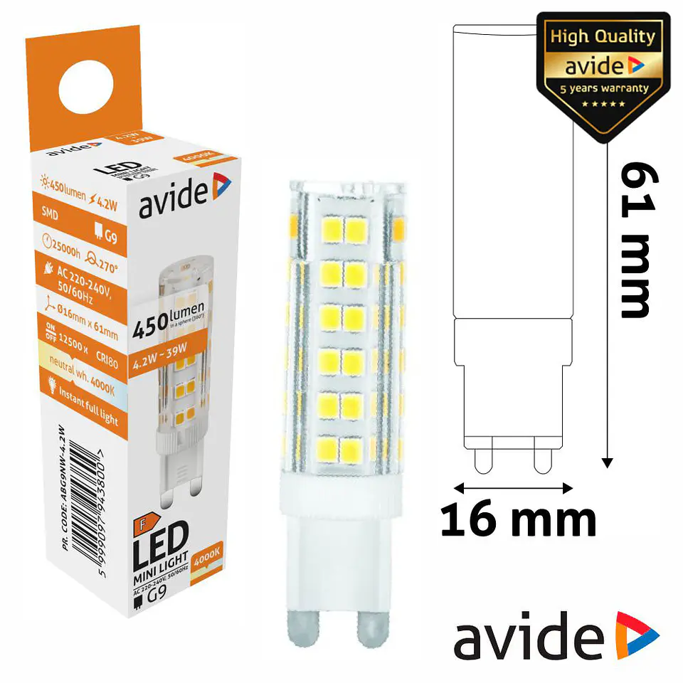 LÂMPADA LED G9 4.2W 230V 4000K 450LM AVIDE 1