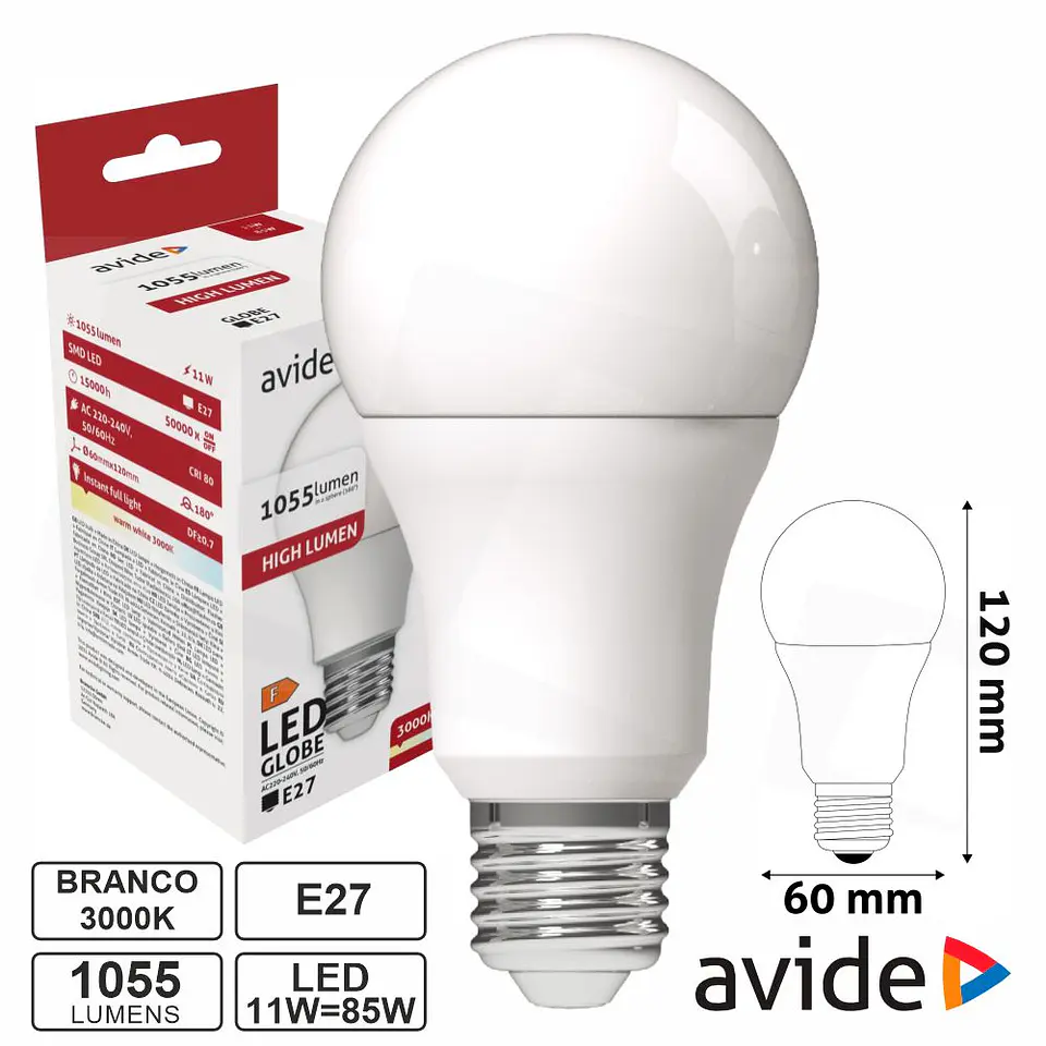 LÂMPADA LED DIMÁVEL E27 GLOBO A60 11W 230V 3000K 1055LM 1