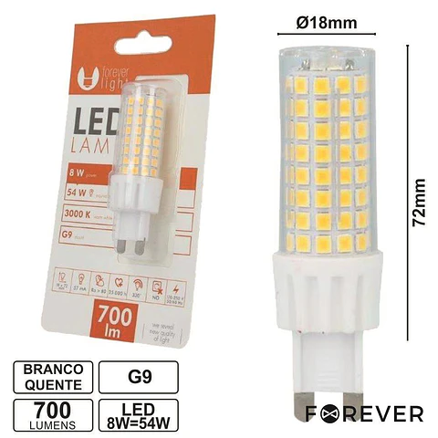 LÂMPADA G9 8W=54W 230V BRANCO QUENTE 700LM