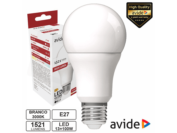 LÂMPADA LED E27 GLOBO A60 13W 230V 3000K 1521LM AVIDE 1