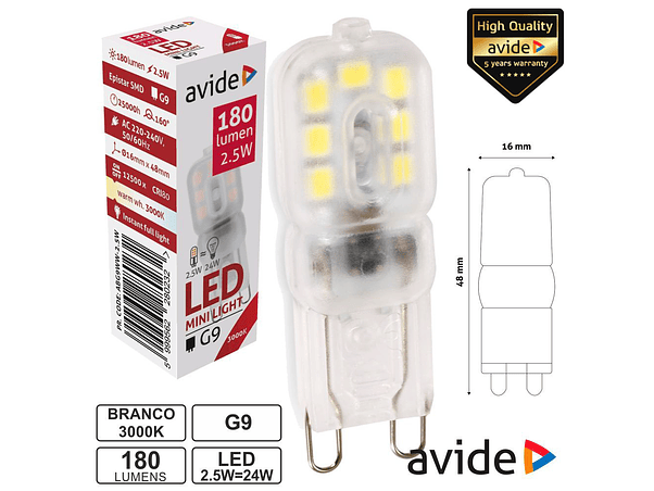 LÂMPADA LED G9 2.5W 230V 3000K 180LM AVIDE 1