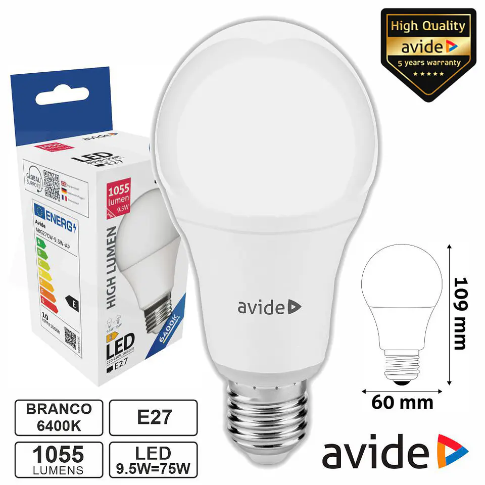 LÂMPADA LED E27 GLOBO A60 9.5W 230V 6400K 1055LM AVIDE 1