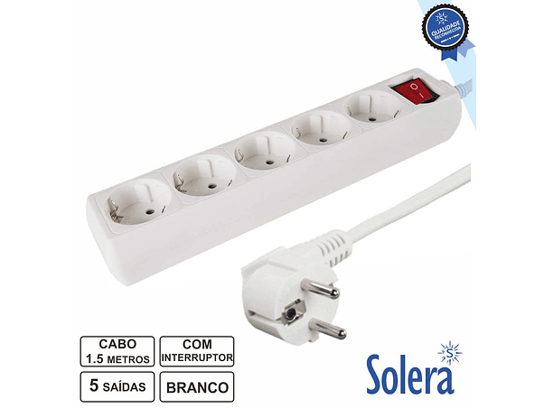 TOMADA ELÉTRICA COM 5 SAÍDAS INTERRUPTOR 1.5M BRANCA SOLERA 1