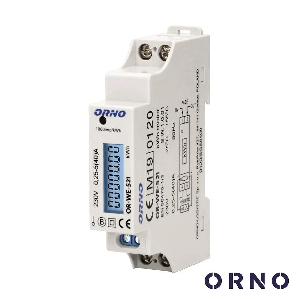 CONTADOR DE ENERGIA 230V/40A 1 MÓDULO PARA CALHA DIN ORNO 1