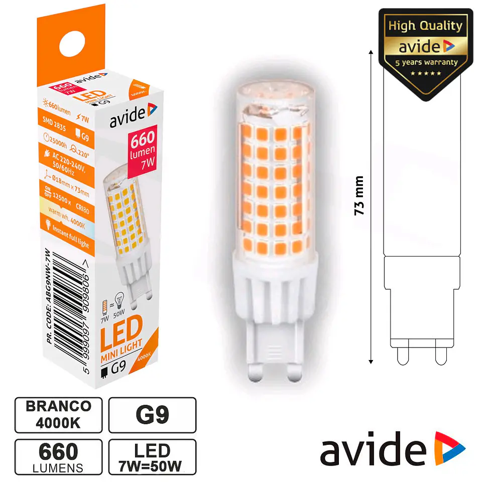 LÂMPADA LED G9 7W 230V 4000K 660LM AVIDE 1