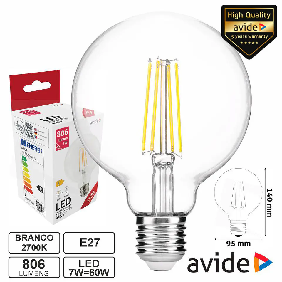 LÂMPADA LED E27 GLOBO FILAMENTO 7W 230V 2700K 806LM AVIDE 1