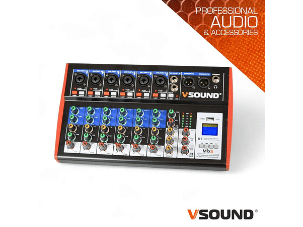 MESA DE MISTURA 8 CANAIS COM BT/LCD/USB/PCOMPHANTOM VSOUND 1