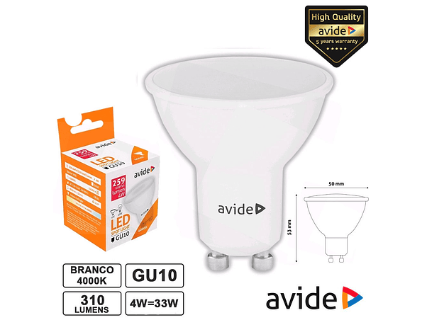 LÂMPADA LED GU10 SPOT 4W 230V 4000K 310LM AVIDE 1