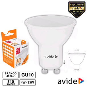 LÂMPADA LED GU10 SPOT 4W 230V 4000K 310LM AVIDE