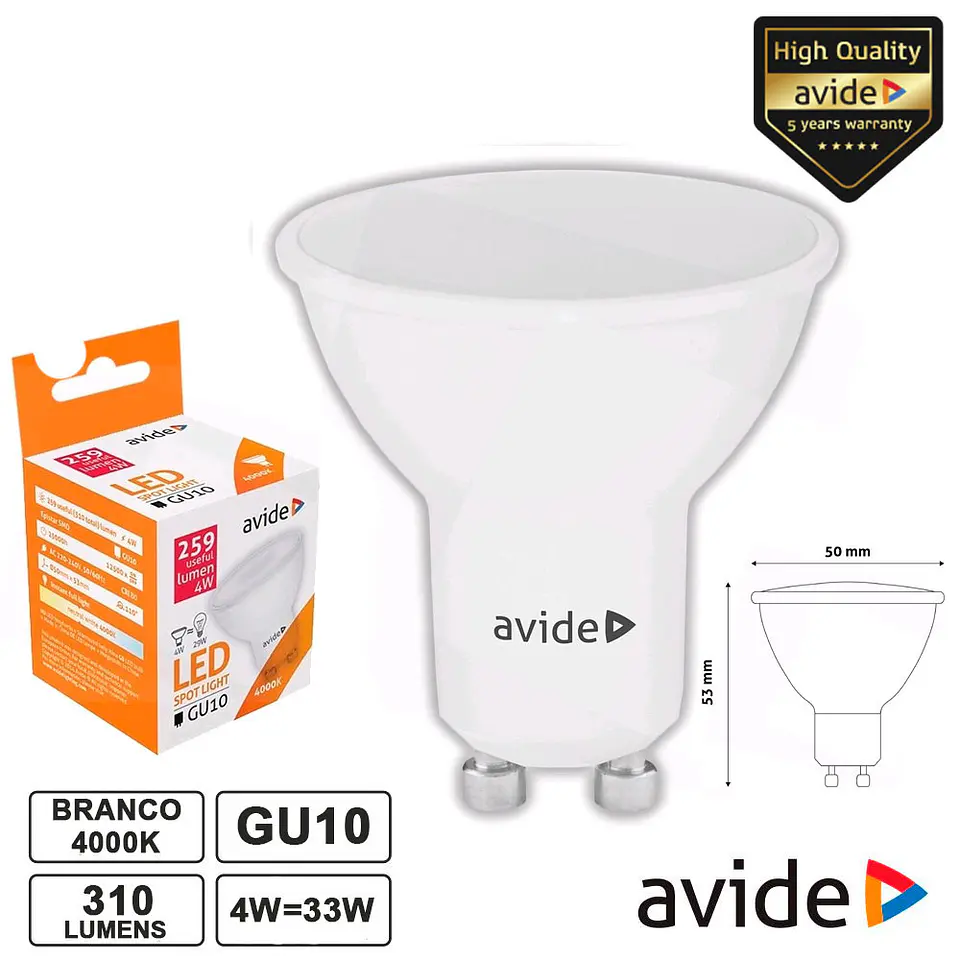LÂMPADA LED GU10 SPOT 4W 230V 4000K 310LM AVIDE 1