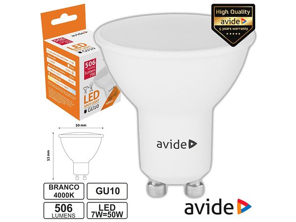 LÂMPADA LED GU10 SPOT 7W 230V 4000K 506LM AVIDE 1